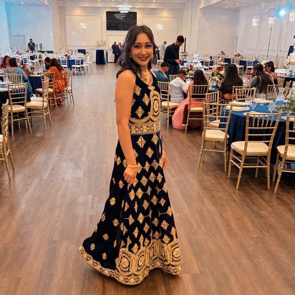 Indian Punjabi Navy Blue Velvet and Gold Embroidered Lacha Reception Party Gown